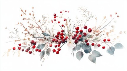 Wall Mural - Watercolor bouquet featuring winter wild plants and berries Delicate ethereal arrangement with cranberry and floral elements