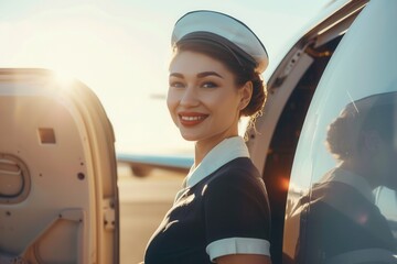 Aufkleber - A flight attendant welcomes travelers with a friendly smile outside an airplane as the sun rises, signaling the start of a new journey. Generative AI