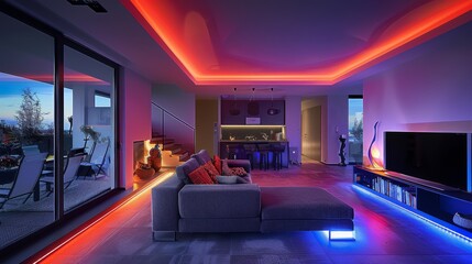 Poster - Design a sleek modern living room with a modular sofa, a smart TV, and LED strips casting a gentle