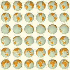 Wall Mural - Collection of globes. Normal sphere view. Rotation step 10 degrees. Solid color style. World map with sparse graticule lines on bright background. Artistic vector illustration.