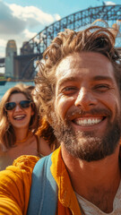 Wall Mural - Illustrate a group of friends of various ethnicities taking selfies together at the Sydney Harbour Bridge, commemorating their trip to