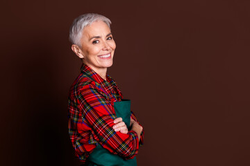 Sticker - Photo of lovely optimistic attractive lady wear red checkered shirt work in agriculture isolated on brown color background