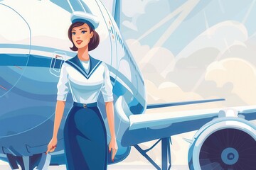 Aufkleber - The flight attendant stands outside the airplane, greeting passengers with a friendly demeanor in a vibrant, sunny atmosphere. Generative AI