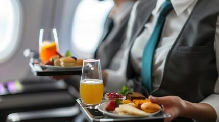 Aufkleber - Flight attendants serve a variety of meals and beverages to passengers on a domestic flight, ensuring a pleasant in-flight dining experience. Generative AI