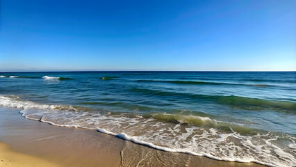 Wall Mural - A tranquil beach scene with gentle waves and a clear blue sky