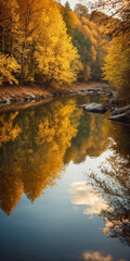 Wall Mural - Vibrant yellow leaves create a stunning autumn display around a calm lake, with reflections mirroring the foliage on the water's surface as the day comes to a close. Generative AI