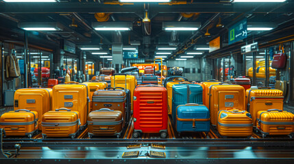 Sticker - Paint a scene of a diverse array of luggage passing through the conveyor belt, showcasing different shapes, sizes, and materials.