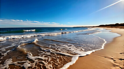 Wall Mural - A tranquil beach scene with gentle waves and a clear blue sky