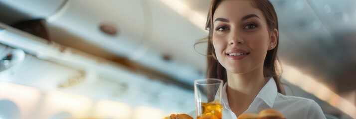 Aufkleber - A flight attendant offers refreshments and snacks to travelers onboard an airplane, ensuring a pleasant experience during the journey. Generative AI