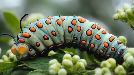 Wall Mural - A vibrant, blue, green, orange, and black caterpillar with white dots sits on a green leaf with white buds.