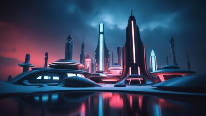 Wall Mural - Retro futuristic gloomy cityscape. Creative architecture future concept. Future city. Cyberpunk wallpaper.