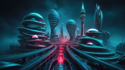 Wall Mural - Retro futuristic gloomy cityscape. Creative architecture future concept. Future city. Cyberpunk wallpaper.