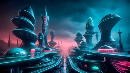 Wall Mural - Retro futuristic gloomy cityscape. Creative architecture future concept. Future city. Cyberpunk wallpaper.