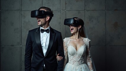 Happy couple wearing VR headsets at a virtual wedding. Bride in white dress, groom in tuxedo, smiling and laughing inside the digital world. Tech, future weddings, entertainment.