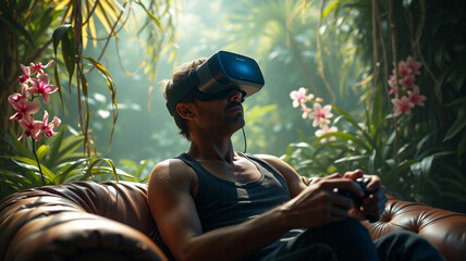 Man relaxing on a leather couch in a tropical setting. He plays video games using VR headset and controller, lost in the digital world. Lush greenery and vibrant colors surround him.