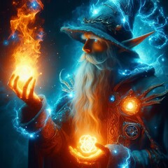 Wall Mural - Enigmatic Elf Wizard Wielding the Power of Fire and Water with a Radiant Inner Glow