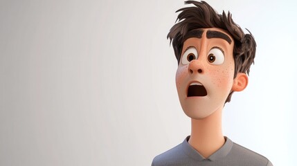 Wall Mural - A 3D cartoon depiction of a young man expressing surprise and shock while gazing to the right against a plain white backdrop