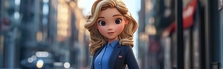 A 3D cartoon teenage girl with blonde curls wearing a blue blouse dark jacket and trousers showcases a stylish business outfit in a city street