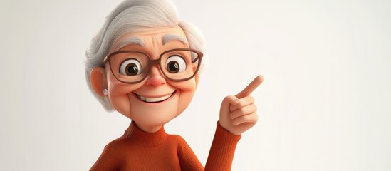 A cheerful 3D cartoon grandma pointing at you with a big smile on a white background