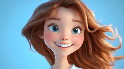 Poster - A cheerful 3D cartoon girl with a lovely look smiles sweetly showing off her bright even teeth Her hair flows in the breeze