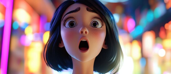 Poster - A surprised girl with dark hair in a bright 3D scene