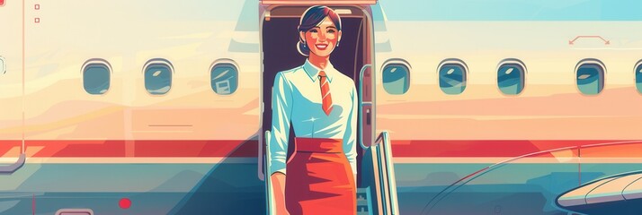 Aufkleber - The flight attendant stands at the aircraft entrance, smiling as passengers prepare to board the plane. Generative AI