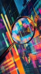 Wall Mural - vibrant abstract analytical magnifying glass examining financial data charts