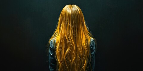 Wall Mural - Back view of a young animated girl with stunning long golden hair on a dark background