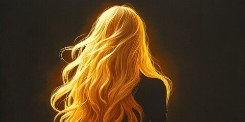 Wall Mural - Back view of a young animated girl with stunning long golden hair on a dark background