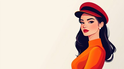 Stylish Woman in Red Hat and Orange Outfit - Elegant Female Portrait in Modern Illustration