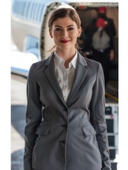 Aufkleber - A flight attendant stands at the aircraft entrance, greeting passengers with a friendly smile as they prepare to board. Generative AI