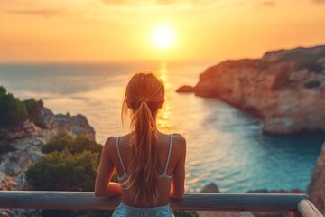 Wall Mural - Traveler woman contemplating standing alone on bridge travel lifestyle vacations outdoor solitude emotions sunset sea view, Generative AI