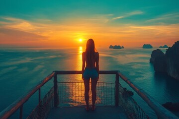 Wall Mural - Traveler woman contemplating standing alone on bridge travel lifestyle vacations outdoor solitude emotions sunset sea view, Generative AI