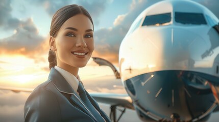 Aufkleber - A flight attendant shines with a warm smile in front of an aircraft, welcoming travelers as the sunset paints the sky with vibrant colors. Generative AI
