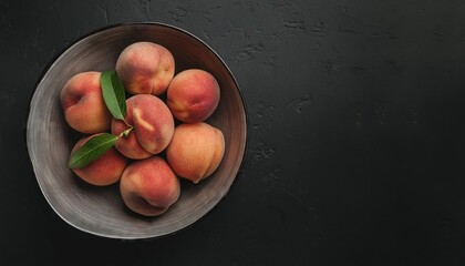 Wall Mural - peach in a bowl on a black background, top view, copy space