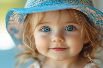 Child face eyes looking at camera cute girl portrait 2 years old toddler outdoor baby smiling wearing hat, Generative AI