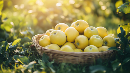 Wall Mural - Ripe yellow apples in a wicker basket on the grass in an orchard