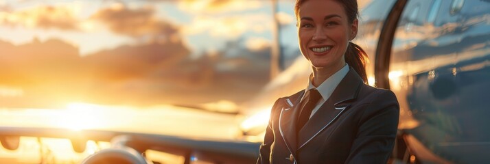 Aufkleber - A flight attendant stands beside an aircraft, smiling at sunset, ready to greet passengers as they prepare to board for their journey. Generative AI