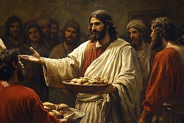 Jesus christ sharing bread with disciples, symbolizing love and generosity, emphasizing charity and mercy in christianity