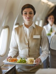 Aufkleber - A flight attendant provides a meal tray with food and drinks to passengers on a commercial flight, ensuring a pleasant in-flight experience. Generative AI