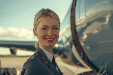 Aufkleber - A flight attendant in uniform stands beside a private jet, smiling as travelers prepare to board at the airport under a clear blue sky. Generative AI