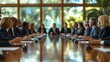 © Harvinder - Around the boardroom table. Cropped shot of a large group of corporate businesspeople sitting around a table in the boardroom during a meeting, Generative AI