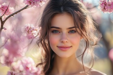 Beautiful young woman enjoying spring in the park, Generative AI