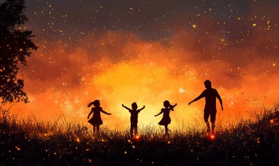 Happy family at sunset, Generative AI