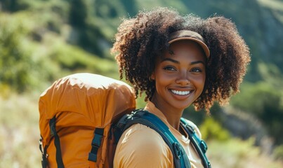 Wall Mural - Happy african american woman hiking outdoors. Fitness hike and travel journey, Generative AI
