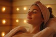 © Kishan - Her place of peace.... A young woman relaxing in the sauna at a spa, Generative AI