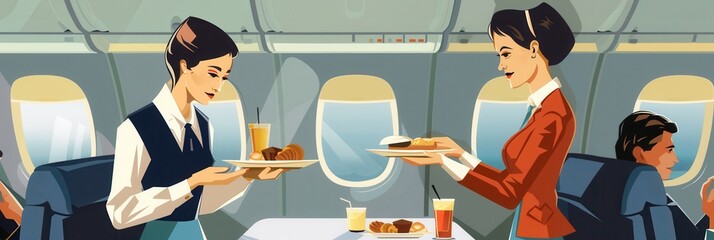 Aufkleber - Two flight attendants are serving food and drinks to passengers seated comfortably in an airplane cabin during a flight. Generative AI