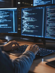 software developer at a desk, close-up of a developer typing on a keyboard, multiple monitors displa