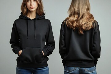 A woman wears a plain black hoodie, front and back, for a t-shirt design mock up