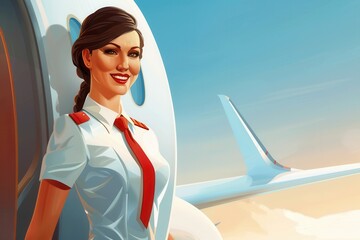 Aufkleber - A flight attendant stands by an airplane window, smiling warmly as she prepares to attend to passengers during their journey. Generative AI